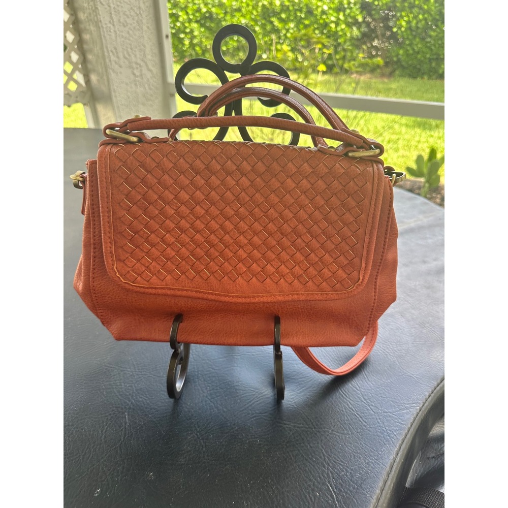 ModCloth‎ Burnt Orange Woven Faux Leather Crossbody Bag Top Handle Gold Hardware